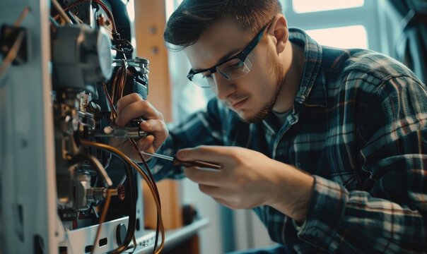 A technician focused on fixing or assembling machinery with intricate parts, showcasing manual proficiency.