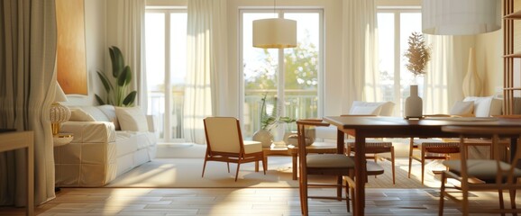 Fototapeta premium 3D render of an apartment interior, showcasing a stylish living and dining room with a harmonious design