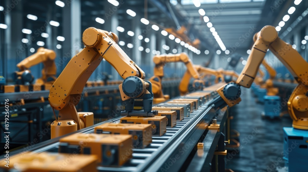 Poster a factory with robots working on a conveyor belt