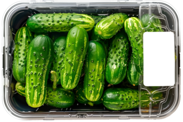 Plastic container with fresh green cucumbers with white label isolated on a transparent background. View from top. Vegetable box for shop or market showcase.