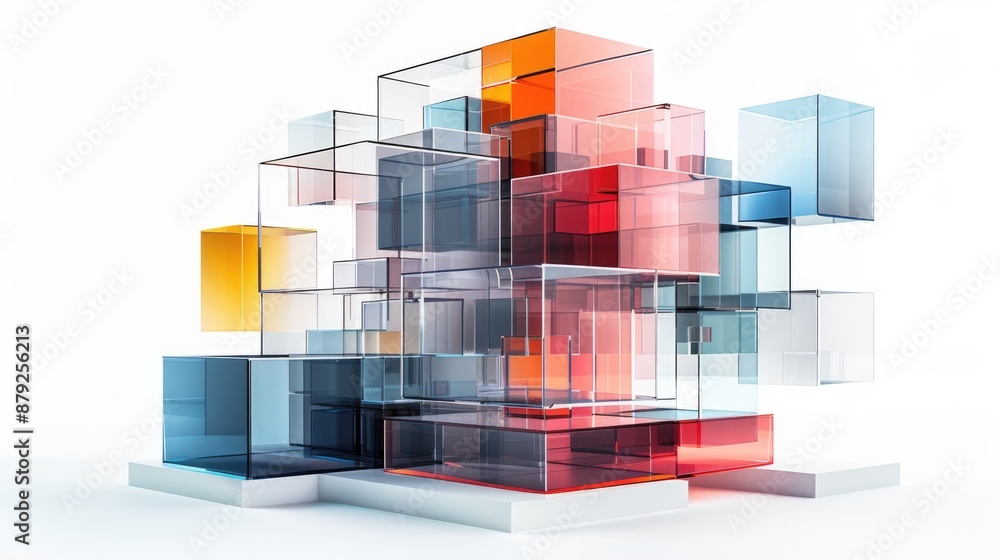 Poster abstract building made of cubes in different colors. the building is made of glass and is very tall