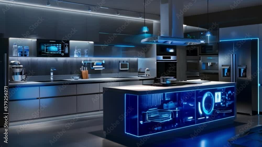 Poster a futuristic kitchen with sleek appliances and an interactive countertop display showcasing various 