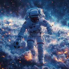 Fototapeta premium Astronaut im Weltraum spielt Fußball