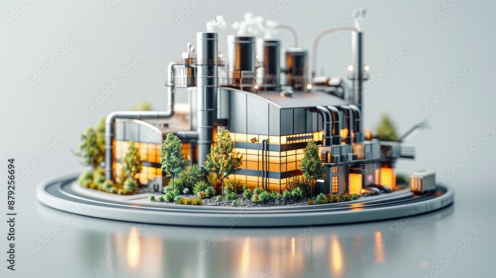 Poster 3d render icons model of a factory with a lot of windows and a lot of trees. the building is surroun