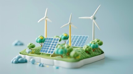 Obraz premium 3d render icons model of a wind farm with three wind turbines and a solar panel. Concept of sustainability and renewable energy