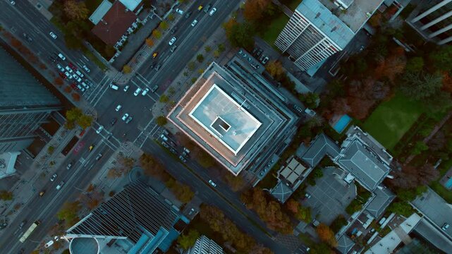 Topdown view over Traffic on the Apoquindo Avenue, Las Condes. Rotating shot, Santiago, Chile