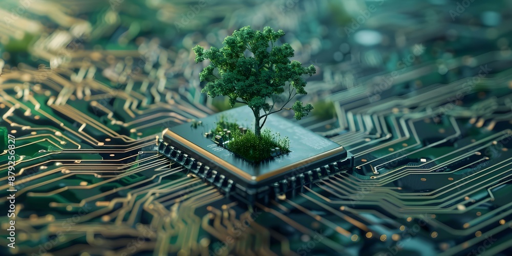 Poster symbolism of a tree growing on a computer circuit board embodying green technology and ethical it. c