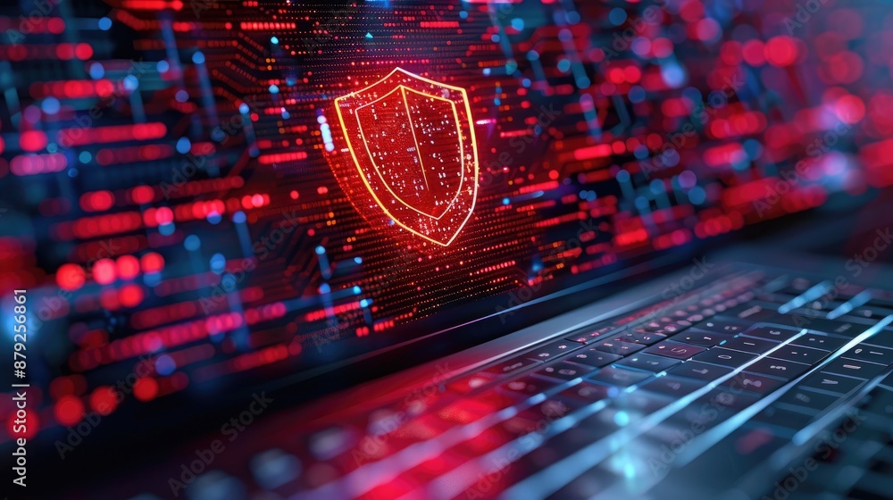 Aufkleber computer screen with a red shield on it. concept of security and protection