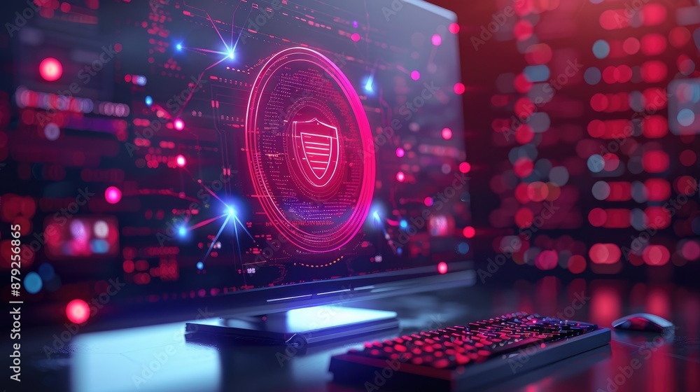 Aufkleber computer monitor displays a red shield with a blue border. the image has a futuristic and technologi