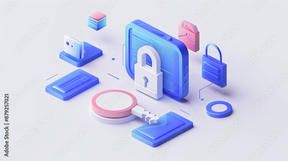 Aufkleber 3d render icons of blue and white image of a key and lock with a magnifying glass in the middle