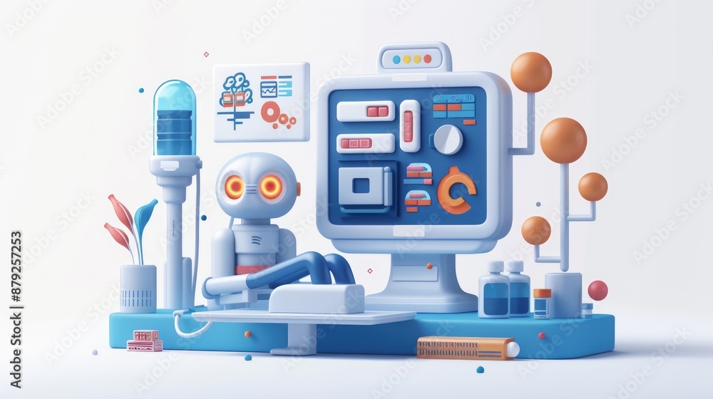 Aufkleber 3d render icons of robot is sitting in front of a computer monitor. computer monitor is displaying a