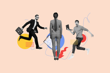 Creative poster collage of working process female boss excited employees recruitment candidates unusual fantasy billboard comics zine