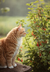 A photo of a red cat near a redcurrant bush.
