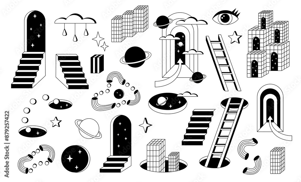 Wall mural surrealism elements set isolated on white background. psychedelic elements set.