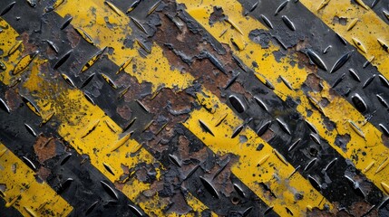 Yellow and black anti rust painted industrial boat floor plate with robust metal pattern on old iron deck Weathered metal texture background in modern design concept with space for text