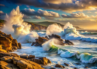 Fototapeta premium Powerful ocean waves crash against rugged rocks on a scenic beach during a dramatic afternoon with foamy surf and misty sea spray filling the air.