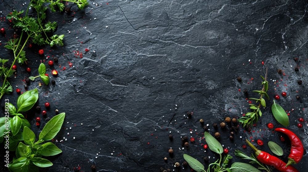 Poster herbs and spices displayed on dark stone surface from top view with space for text