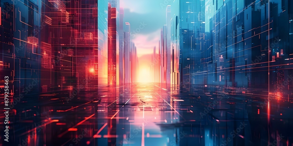 Poster blue and red futuristic cityscape pattern for web design background. concept cityscape patterns, fut