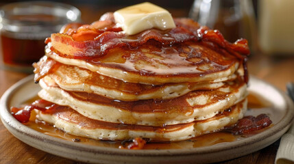 Fluffy pancakes loaded with butter and crispy bacon, a classic American breakfast treat.