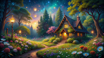 Whimsical illustration of a secluded fantasy cottage surrounded by twinkling fireflies, blooming wildflowers, and towering trees under a starry night sky.