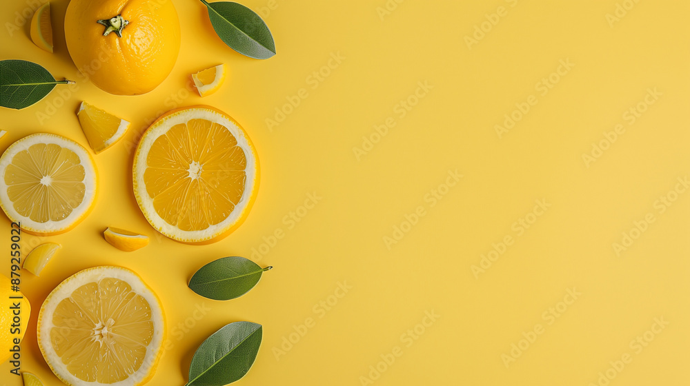 Poster blank yellow display on vivid summer background with minimal style