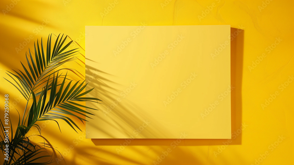 Poster blank yellow display on vivid summer background with minimal style