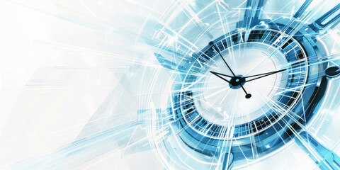 Fototapeta premium Futuristic clock with abstract blue and white light streaks in a high-tech design.