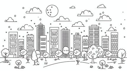 Obraz premium A line drawing of a cityscape with tall buildings and trees.