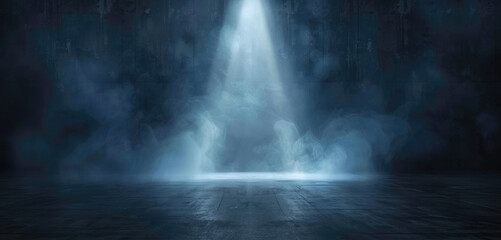 Empty studio room with smoke with neon light and spotlight. Empty stage for product installation. Banner