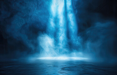 Obraz premium Empty studio room with smoke with neon light and spotlight. Empty stage for product installation. Banner