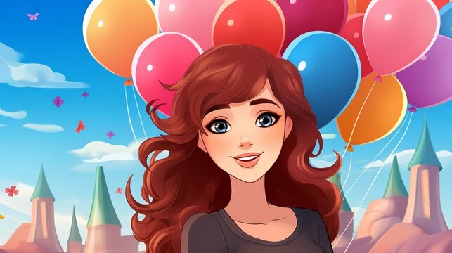 Cartoon girl with balloon cluster flat design side view funfair theme animation triadic color scheme
