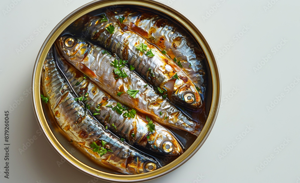 Poster a can of fish with parsley on top. the fish are in a circle and are all different sizes