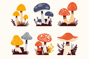 Set with edible and poisonous mushrooms, chanterelles, champignons, porcini mushroom, fly agarics and toadstools, cartoon style. Vector illustration isolated on white, hand drawn, flat design