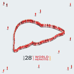 World Hepatitis day Liver concept. 28th July. A large group of people form to create a shape liver. People organ icon series. Vector illustration.