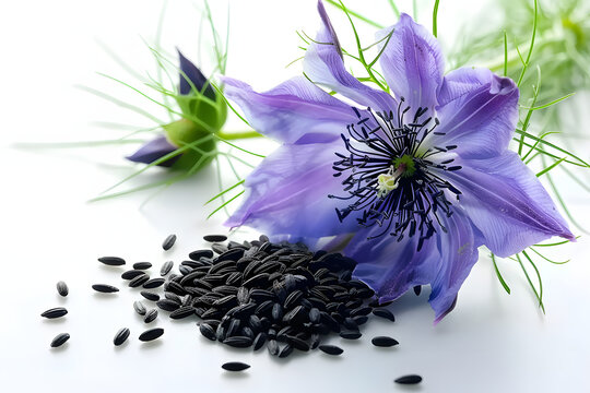 Macro shot of black cumin seeds scattered around vibrant purple Nigella sativa flower, delicate petals and green stem, on a clean white background, showcasing texture and details.