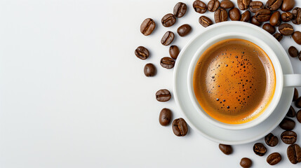 Fototapeta premium hot espresso and coffee bean on white table with soft-focus and over light in the background. top view 