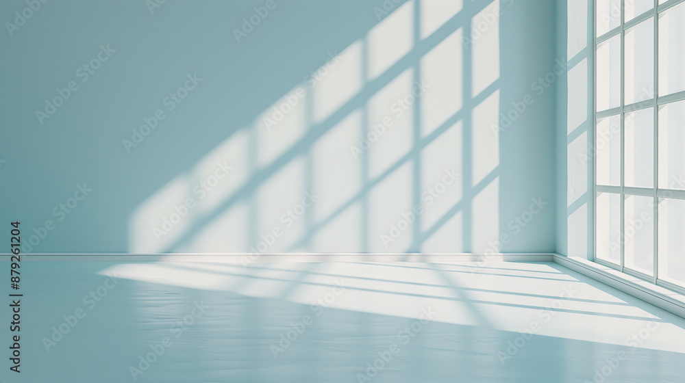 Poster minimal abstract light blue background for product presentation. shadow and light from windows on pl