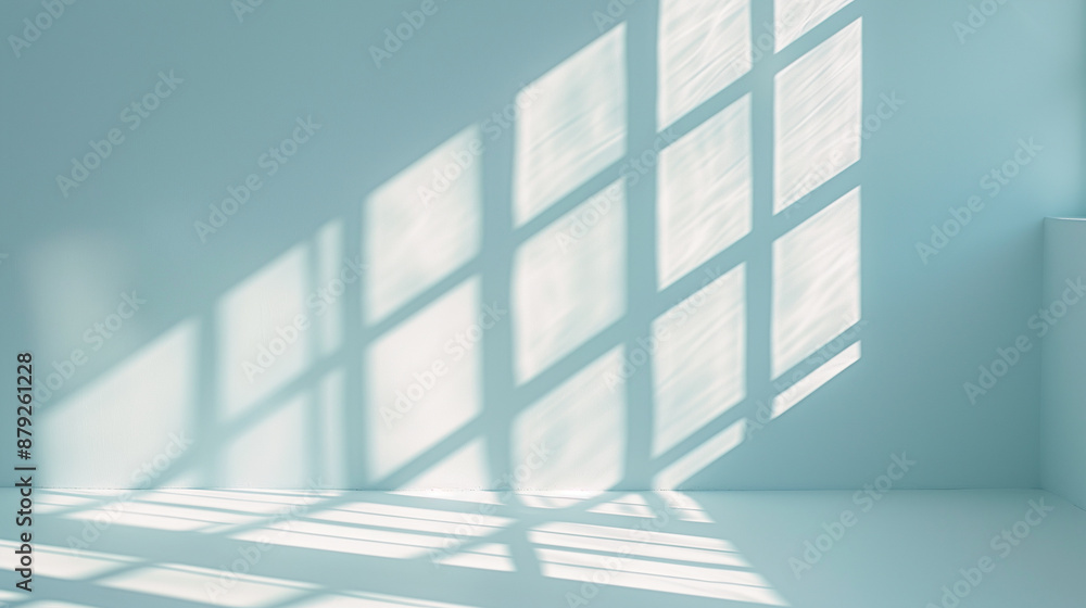 Poster minimal abstract light blue background for product presentation. shadow and light from windows on pl