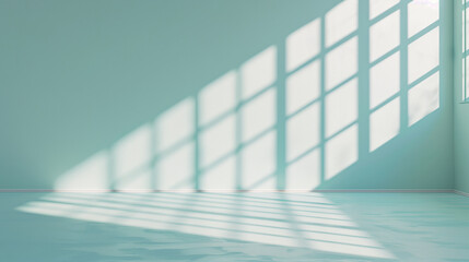 Fototapeta premium Minimal abstract light blue background for product presentation. Shadow and light from windows on plaster wall 