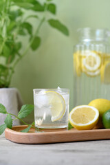 Iced lemonade drink in glass, lemon, jug with beverage, green plant on home kitchen table, green wall background, soft natural sunlight