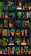 A bookshelf filled with various plants and books,