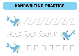 Handwriting practice with a whale . Tracing worksheet for children of kindergarten, preschool and school age. Vector illustration