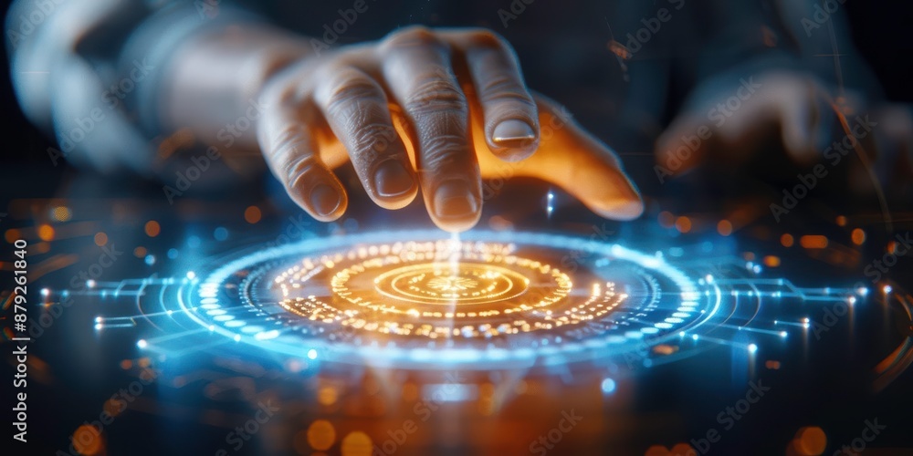 Poster a futuristic robotic hand interacts with a glowing digital interface, showcasing advanced technology