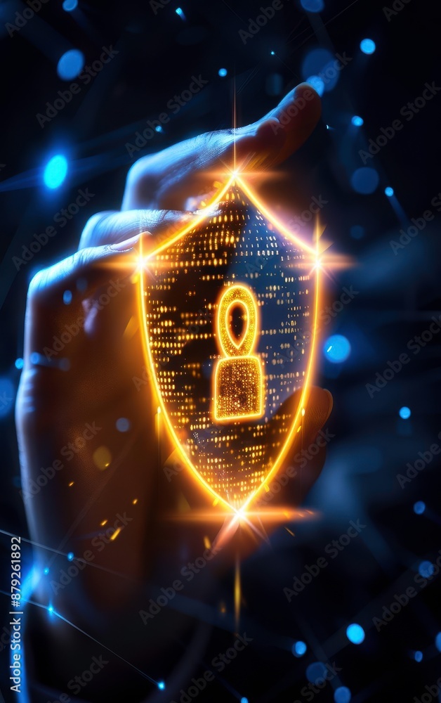 Poster a glowing shield with a person icon representing cybersecurity and data protection in a digital envi