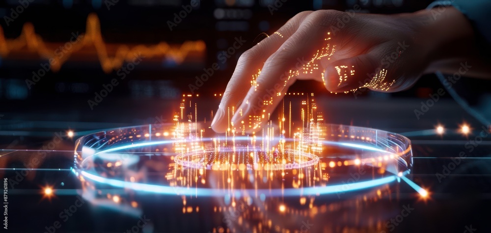 Poster a hand interacts with a futuristic, glowing holographic interface, depicting advanced technology and