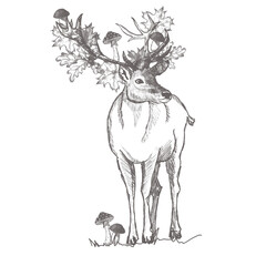 Autumn illustration: a deer with falling leaves on its horns on a white background