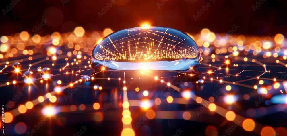 Poster abstract representation of a futuristic network concept with glowing arcs and central focus bubble, 
