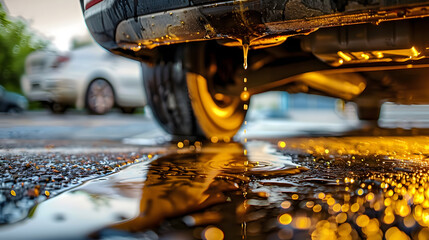 Dark engine oil stains splattered under a parked car, leaking onto the driveway, with a blurred background highlighting the car's rusty underside and worn tires.