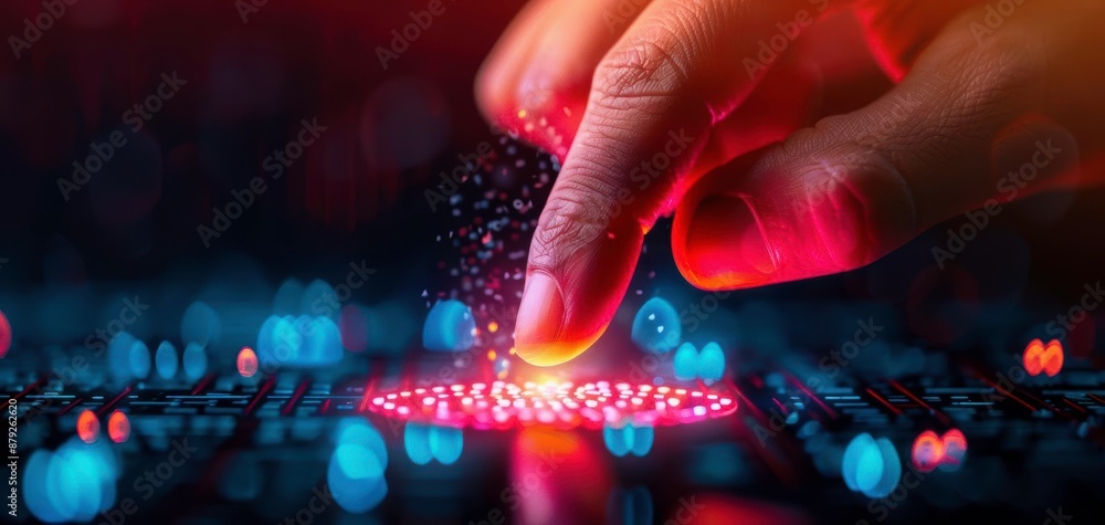 Poster close-up of a finger touching a futuristic digital interface with glowing elements, representing tec