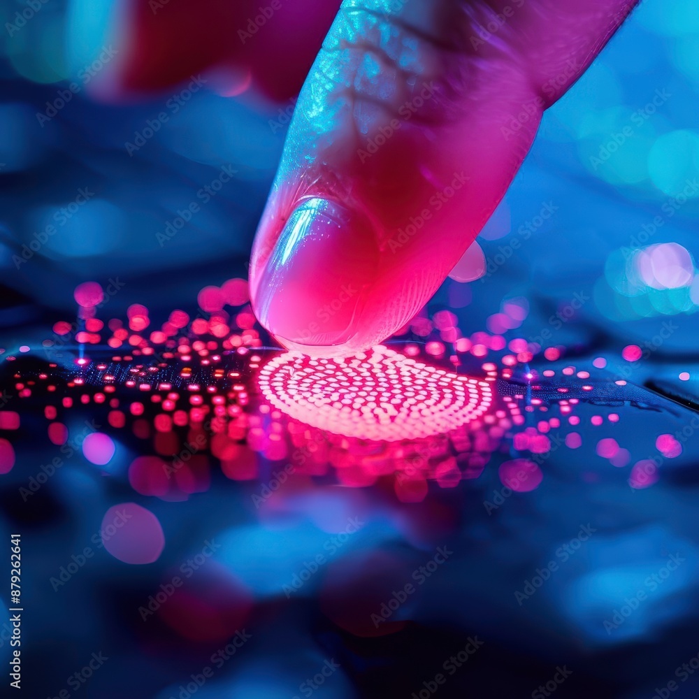 Poster close-up of a finger touching a glowing fingerprint scanner, symbolizing biometric security and tech